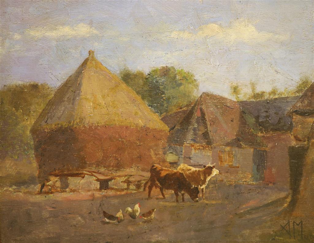Manner of Jacob Maris (1837-1899), oil on board, Farmyard with cattle and chickens, signed, 23 x 29cm